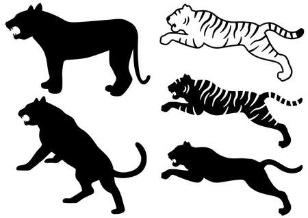 Silhouette set of various poses of the tigerのイラスト素材