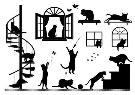 Silhouettes of cats in various posesのイラスト素材