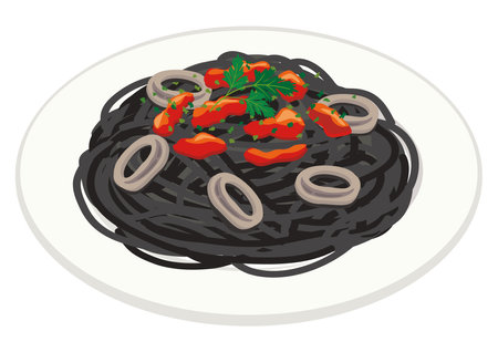 food illustration Squid ink spaghetti (pasta)のイラスト素材
