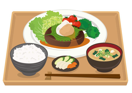 Western_Japanese-style hamburger steak set meal Japanese-style hamburger lunchのイラスト素材
