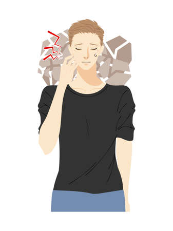 Illustration of the upper body of a young man doing skin careのイラスト素材