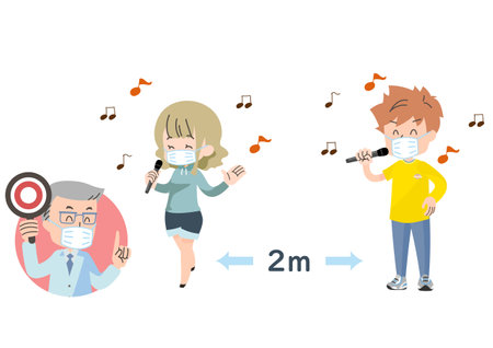 Illustrations of people who take measures against infection and enjoy karaokeのイラスト素材