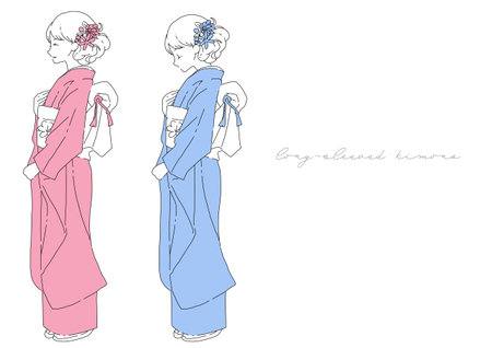 Simple line art illustration of a woman in a sideways kimonoのイラスト素材