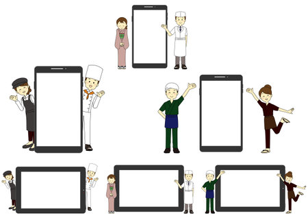 Frame-set illustration of a restaurant clerk using a tablet device and a smartphone to guide customersのイラスト素材