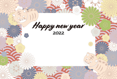 Cute Japanese pattern New Year's card with tiger year illustrationのイラスト素材
