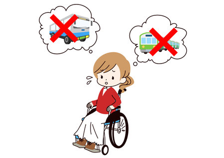 Clip art of woman in wheelchair struggling with transportationのイラスト素材