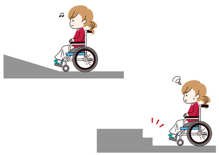 Clip art of woman in wheelchair and steps and rampのイラスト素材