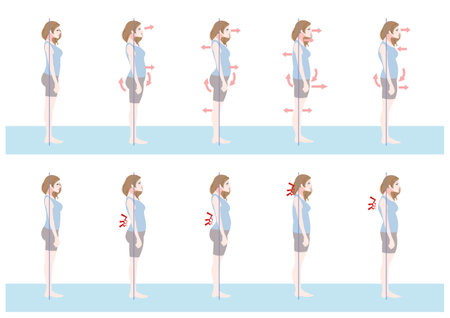 Clip art set of woman in bad posture seen from the sideのイラスト素材