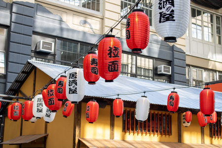 Red lanterns decorating in japan village nycのeditorial素材