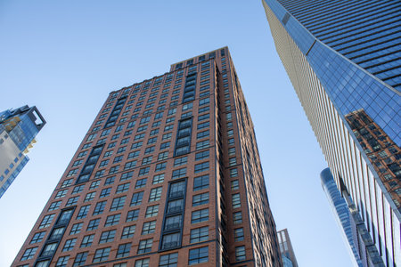 Low angle view of skyscrapers in Manhattan, New York City.