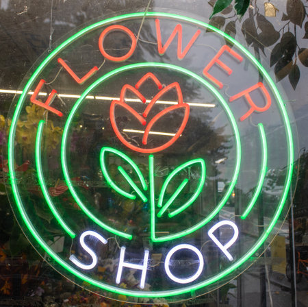The flower shop sign in new york, brooklyn.のeditorial素材