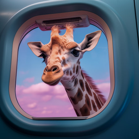 Cute giraffe looking out of the window of an airplane.の素材