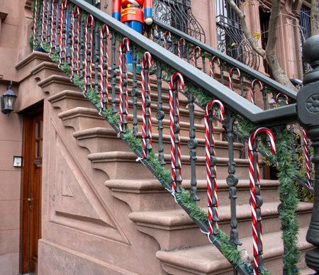 Stairs with Christmas decoration in New York City, United States.のeditorial素材