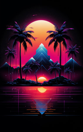 Sunset on the island with palm trees and mountains. Vector illustration.の素材