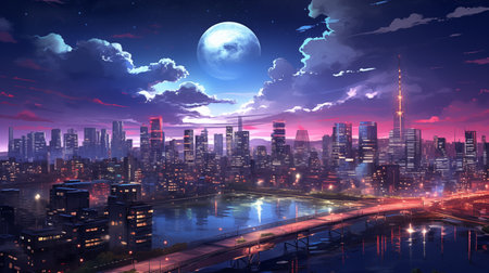 Futuristic city at night with a full moon in the skyの素材