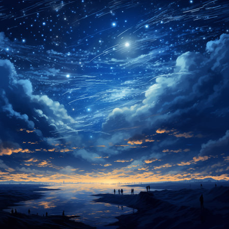 Fantasy landscape with starry sky and sea. 3d renderingの素材