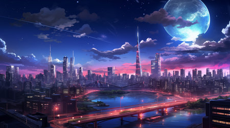 Futuristic city at night with full moon and starry skyの素材