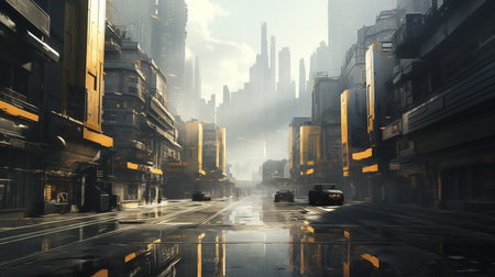 Digital illustration of a city street with skyscrapers in the mistの素材