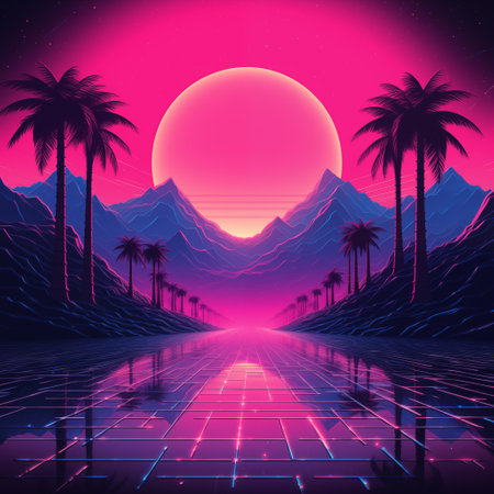 Retro Sci-Fi Landscape with Palm Trees, Road and Sunsetの素材