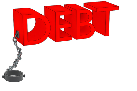 A 3D rendering of the word debt attached to a manacle.の写真素材