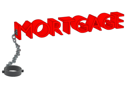 a 3D rendering of the word mortgage attached to a manacle.の写真素材