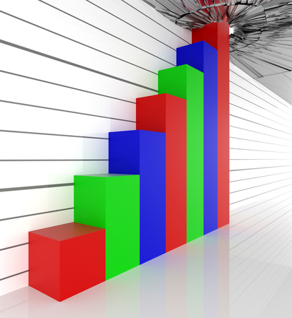A 3D rendered graph with red, green and blue bars with the last bar breaking through a glass ceiling.の写真素材