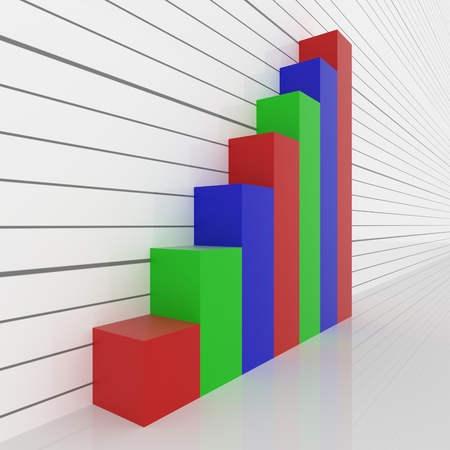 A 3D rendered graph with red, green and blue bars.の写真素材