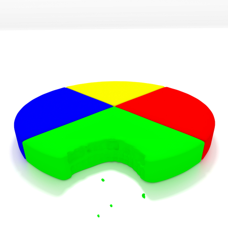 A 3D render of a pie chart one a reflective white background with a bite taken out of it.の写真素材
