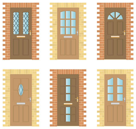 Set of six exterior wooden Doors with brick framesのイラスト素材