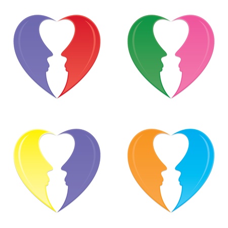 Illustrations of heart shapes split in two symmetrical human profilesのイラスト素材