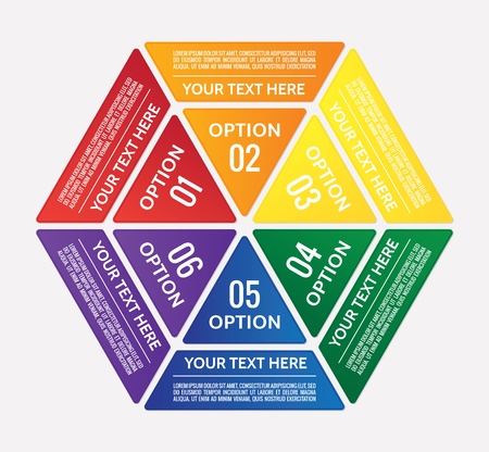 Hexagonal graphic table divided into colorful triangles with copy-spaceのイラスト素材