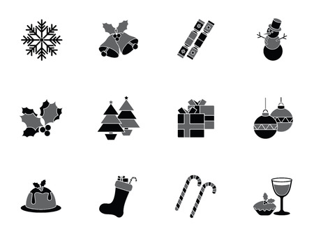 Collection of christmas icons depicting snowflakes, snowman, christmas food, drink and decorations in a hexagonal formatのイラスト素材