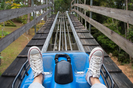 Rail downhill on a trolley to the Datanla waterfall in Vietnamの写真素材