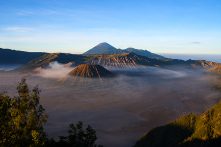 Mount Bromo volcano during sunrise, the magnificent view of Mt.Bromo located in Bromo Tengger Semeru National Park, East Java, Indonesia, Kingkong Hill viewpoint, Penajakanの写真素材