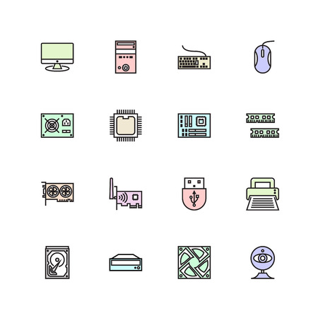 computer hardware and accessories icons set filled outline or line style vector illustration. computer peripheralsのイラスト素材