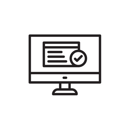 Computer with check mark icon in flat style. Computer screen vector illustration on white isolated background. Monitor business concept.のイラスト素材