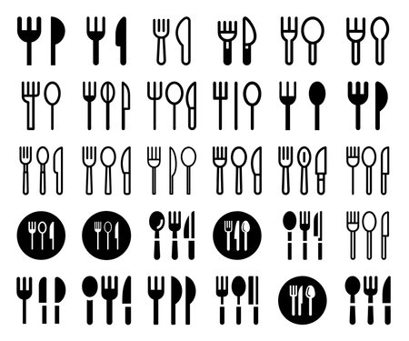 Set of fork, knife, and spoon icons in flat style. Perfect for tableware, menu designs, and dining-related projectsのイラスト素材