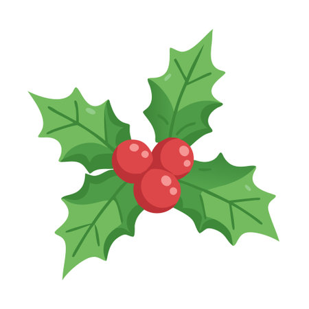 Simple icon of a traditional holly plant with red berries, suited for seasonal themes.のイラスト素材