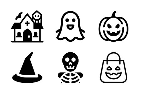 Outline drawings of Halloween-themed elements, such as ghosts or pumpkins.のイラスト素材