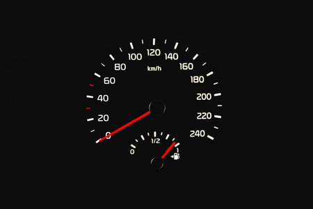 Speedometer in a car. Car dashboard. Dashboard details with indication lamps.Car instrument panel. Dashboard with speedometer shows 0 km/h. Modern interior of car.の写真素材