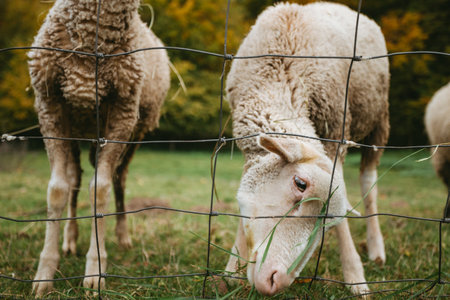 Portrait of beautiful and cute white sheeps standing on the green meadow near the forest (free range) and posing to camera. Sheeps are feeding on the meadow with fence in autumn time.の写真素材