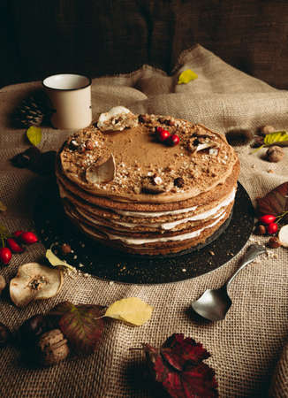 Image of Medovik cake (desserts) on rustic and dark autumn background. Food photography of big Medovik cake (sweet) with nuts to birthday celebration or other event.の写真素材