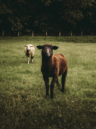 Folk dark and moody portrait of two sheeps in the meadow (free range breeding) with forest on background. Young black-brown sheep with white sheep posing and looking to camera on rainy day in forest.の写真素材