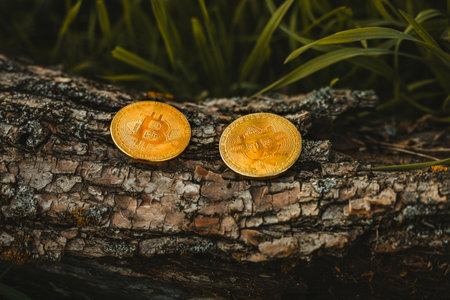 Two gold and shiny coins of bitcoin (cryptocurrency) on the wooden background in forest. BTC coins...