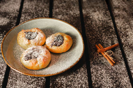 Photo of homemade pie (cottage cheese pie) on board covered of castor sugar. Traditional moravian pie with cinnamon on dark wooden background.の写真素材