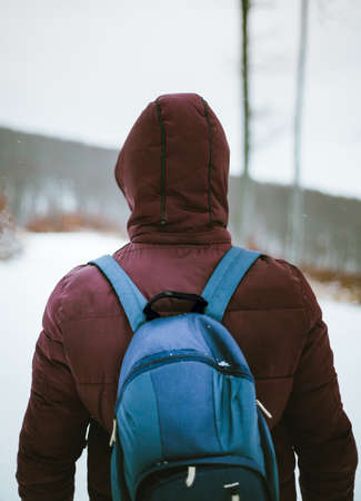 Photo of man with backpack in forest in winter time with blizzard on background. Adventurer with a hood(view from back) walking through the snow storm on mountains. Hiker observing the peak of hillの写真素材