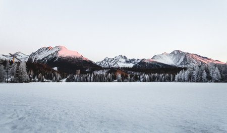 Landscape photo of frozen and snow covered Strba tarn (Strbske pleso) in winter time. Mountains in...