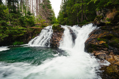 Strong stream of mountain waterfall in green forest - wide angle shot. Beautiful and power waterfall with turquoise water - stones and rocks on foreground.の写真素材