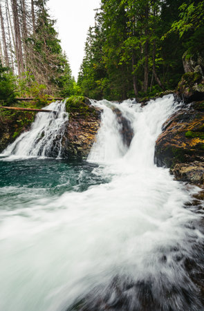 Strong stream of mountain waterfall in green forest - wide angle vertical shot. Beautiful and power waterfall with turquoise water - stones and rocks on foreground.の写真素材