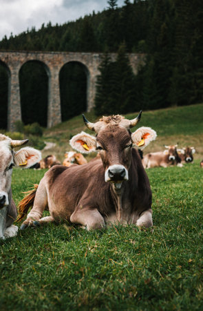 Vertical portrait of beautiful and cute brown wink cow lie on the grass and posing to camera. Young cow on the green meadow with forest on background.の写真素材
